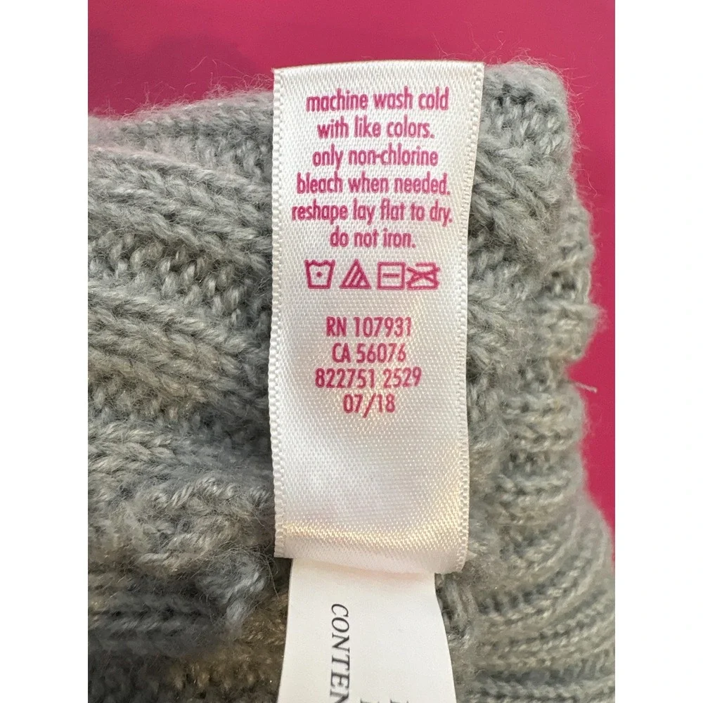 Justice Girls Gray Ribbed Knit Beanie Pink Faux Fur Pom Sequin‎ Love Hat OS